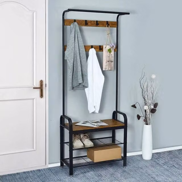 EONLION Industrial Style Hall Tree with Shoe Bench and 9 Removable Hooks, Brown – 1
