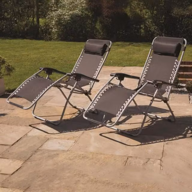 Marco Paul Pack of 2 Reclining Garden Sun Loungers with Padded Headrests in Black and Silver – 1