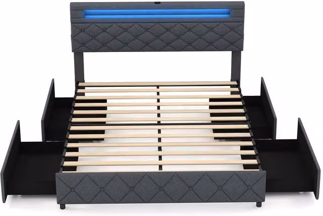 Gymax King Size Upholstered Bed Frame in Grey with LED Under-Bed Lighting, USB Charging Port and Storage Drawers, W/D/H: 180 x 200 cm