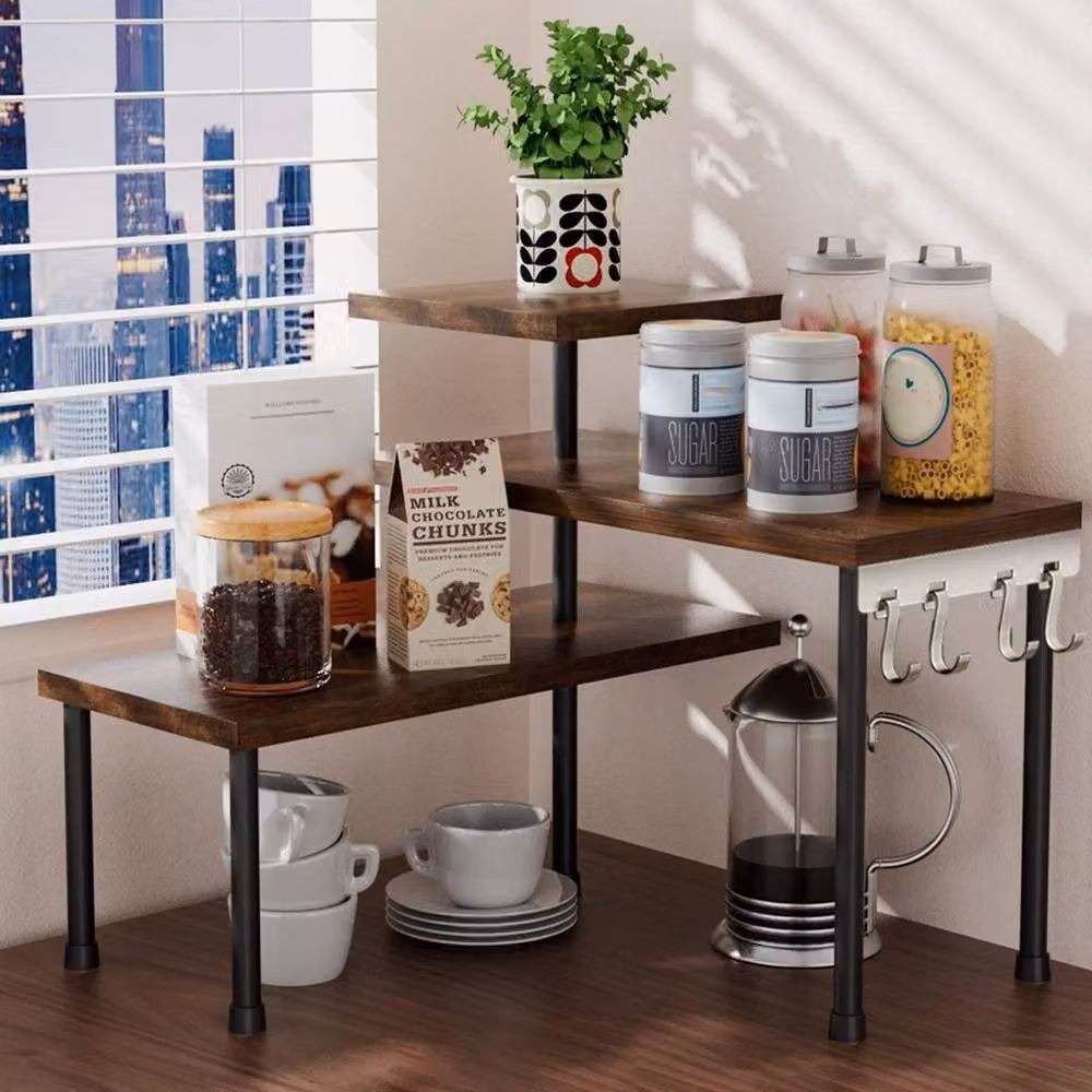 KORVIXA 3 Tier Corner Shelf Unit in Brown with Adjustable Shelves – 5