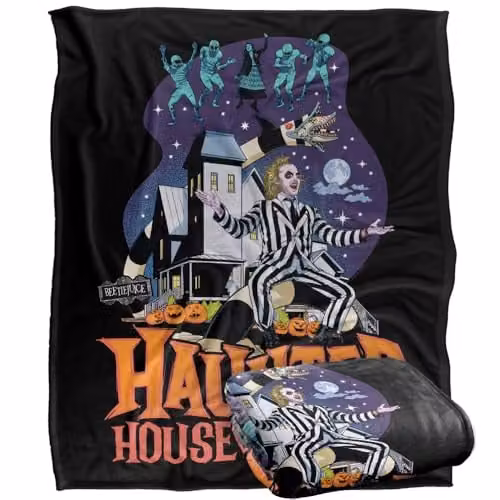 LOGOVISION Beetlejuice Haunted House Party Super Soft Fleece Throw Blanket, Multicolour, W: 152 cm, D: 127 cm – 1