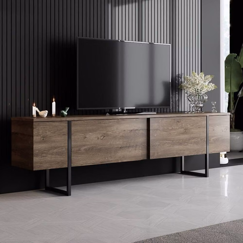 Calicosy Luxury Modern TV Stand with 2 Drop-Down Doors in Brown, W: 180 cm, D: 50 cm, H: 30 cm – 1