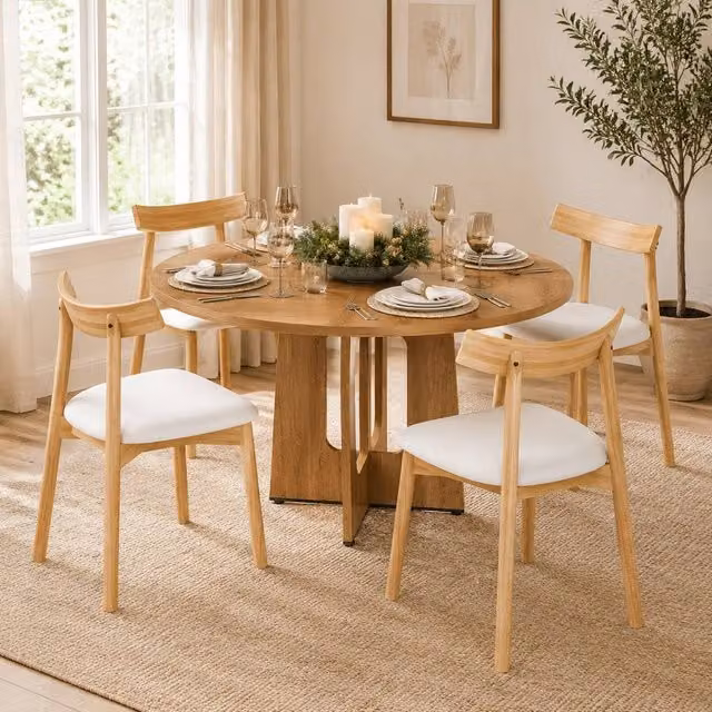 STILVORA Round 4 Seater Dining Table in Light Oak Finish, Diameter: 136 cm, Height: 119 cm