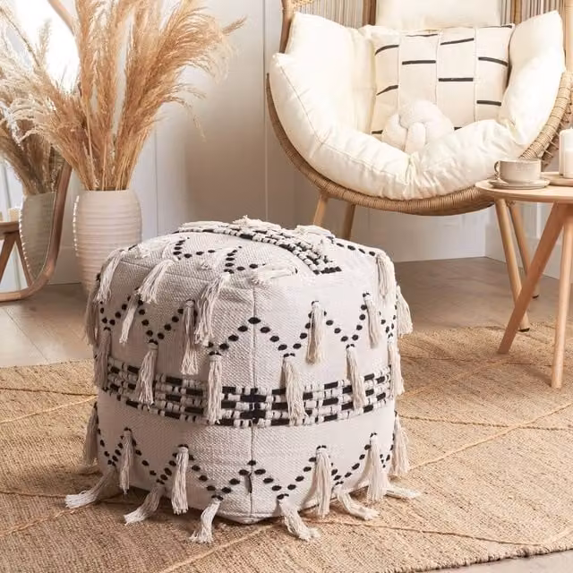 Wyld and Coco Boho Cube Pouffe in Beige and Black Knit Fabric, W/D/H: 45 x 45 x 45 cm