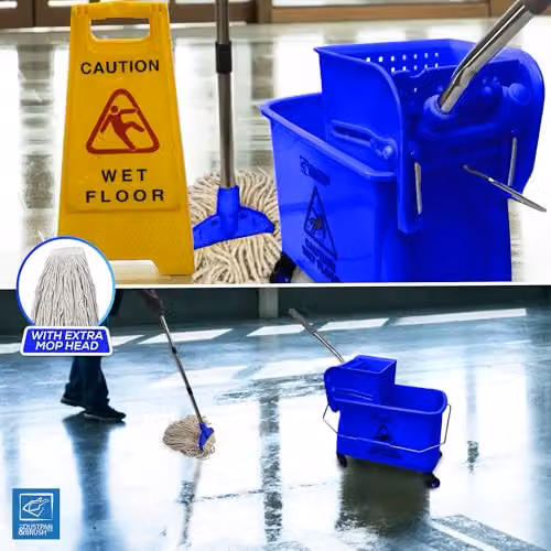 TDBS Kentucky Floor Mop and Bucket Set with Wringer and Refillable Head, Blue and Yellow – 7