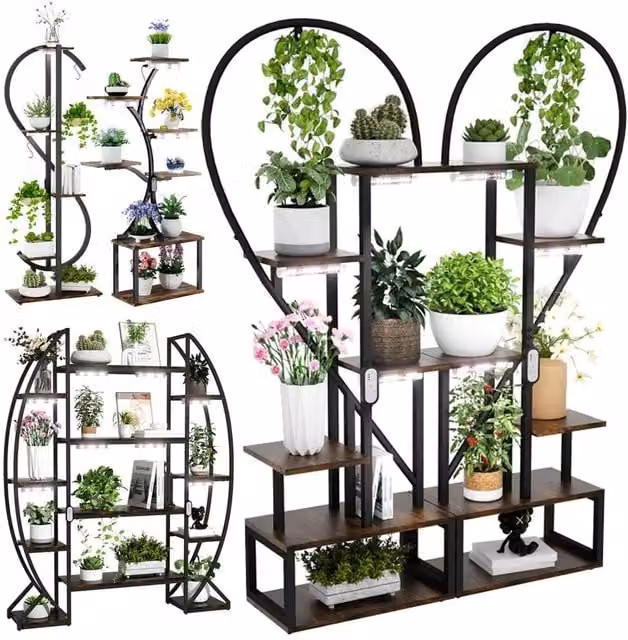 NESTLUNE Modern Metal Plant Stand with Integrated LED Grow Lights in Black, W/D/H: 100 x 28 x 167 cm