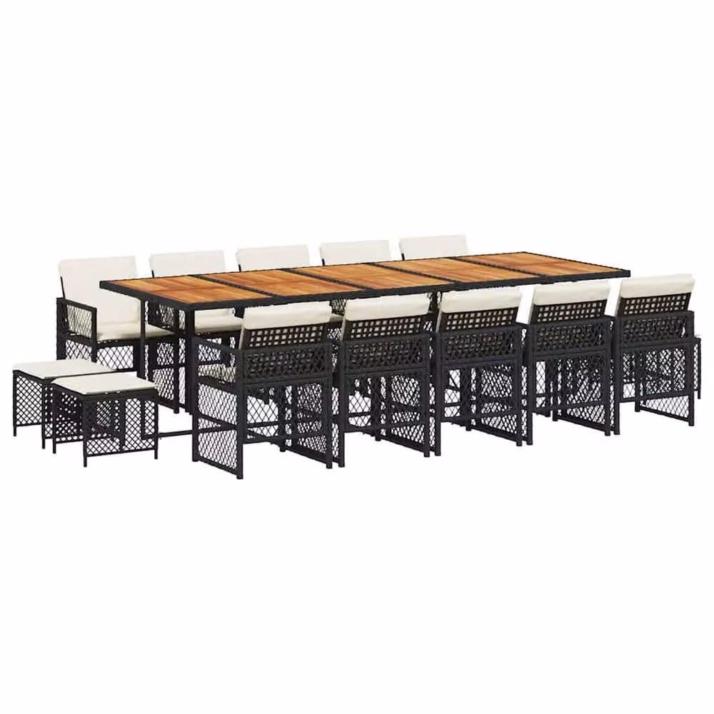 Berkfield Home 15 Piece Black Poly Rattan Garden Dining Set with Acacia Wood Table and Cushions – 2