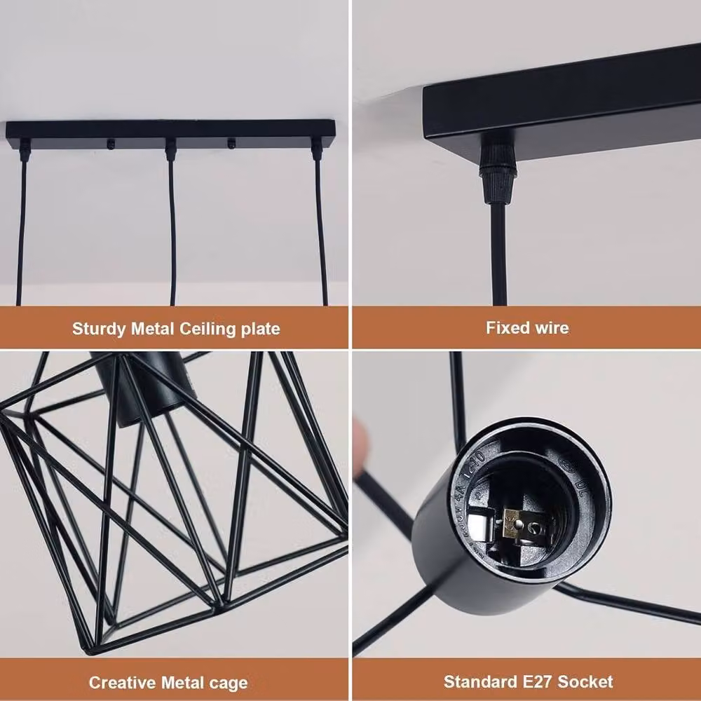 Goeco Industrial 3-Light Metal Pendant Light in Black with Adjustable Height and E27 Socket – 2