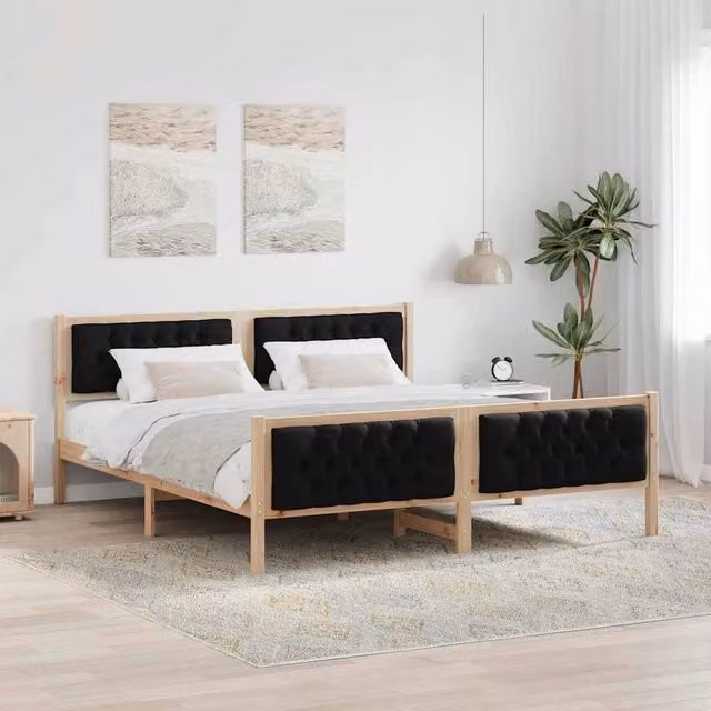 Berkfield Home Solid Pine Wood Bed Frame with Headboard in Black and Natural, W/D/H: 180 x 200 x 85.5 cm