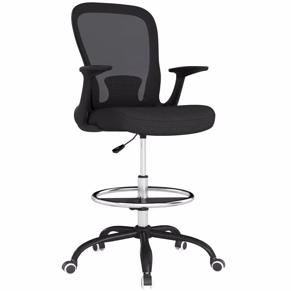 STILVORA Black Fabric Draughtsman Chair with Flip-up Armrests and Foot Ring – 4