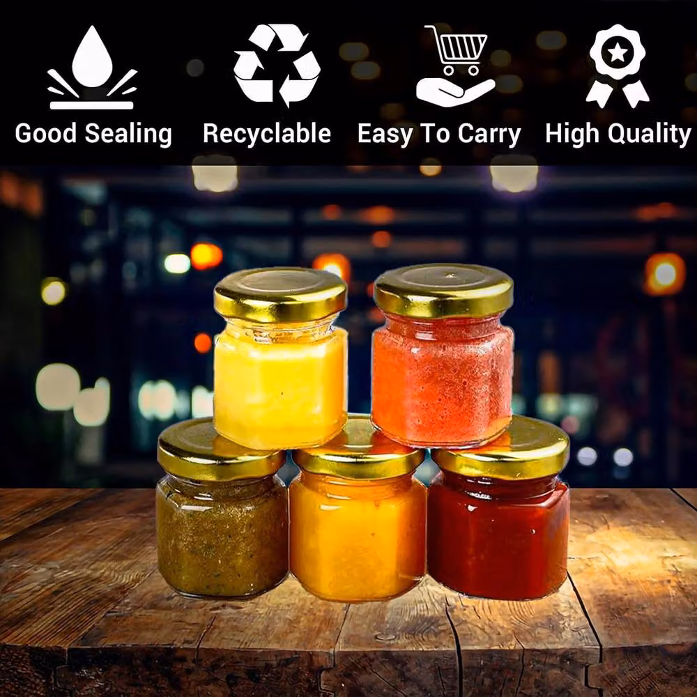 ATEK Set of 30 Hexagonal Small Glass Jars with Airtight Gold Metal Lids, 45 ml, Clear and Gold – 5