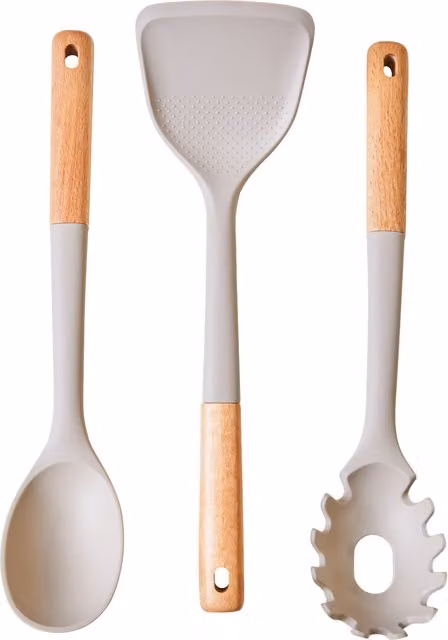 Orsina 3-Piece Kitchen Tool Set with Stone Grey Silicone Heads and Wooden Grips