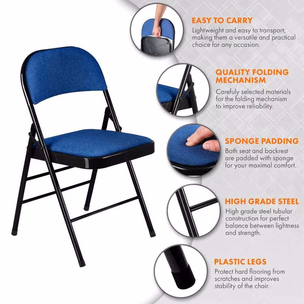 Kelvenix Navy Blue Folding Chairs with Padded Fabric Seats and Metal Frame – 4