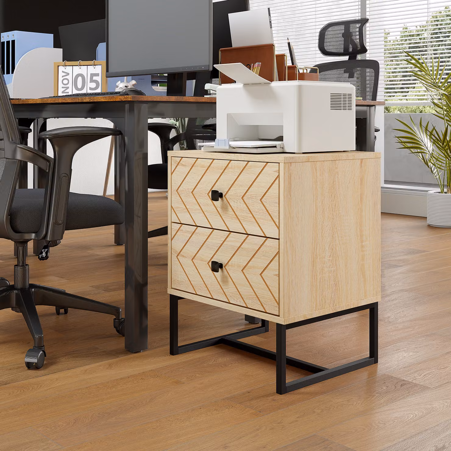 HOMCOM Modern Two-Drawer Bedside Cabinet with Geometric Zig Zag Design and Black Metal Handles – 4