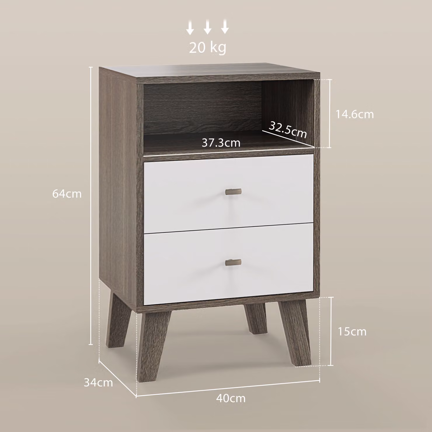 HOMCOM Industrial-Scandinavian Style Bedside Table with Drawers and Shelf in Black and White – 3