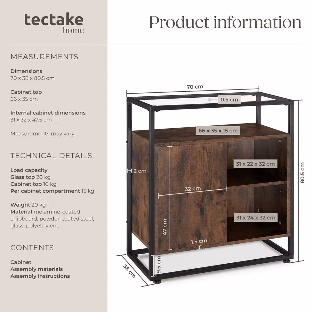 tectake Coventry Sideboard with Glass Tabletop and Open Shelves in Brown and Black – 6