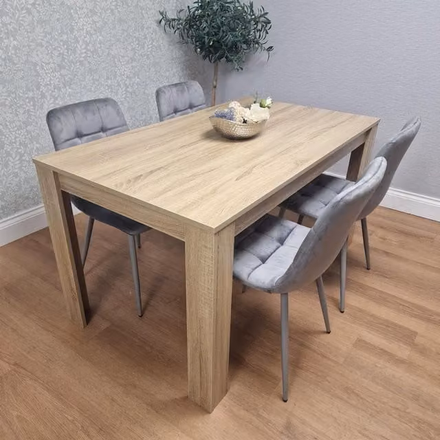 Kosy Koala Oak Effect Dining Table Set with 4 Grey Velvet Chairs in Brown