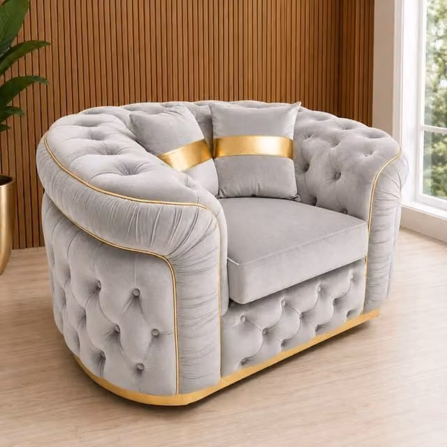 Stratus Interiors Ambassador Chesterfield Sofa in Silver Plush Velvet with Gold Trim – 1