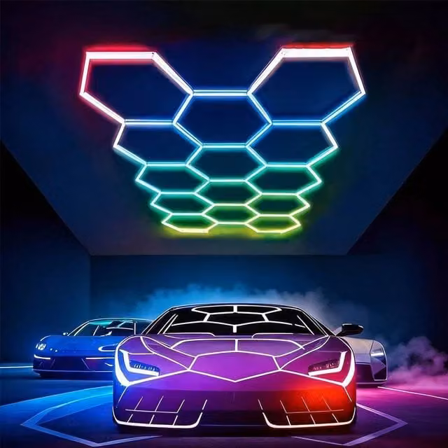Kelvenix RGB 14-Piece Hexagon LED Ceiling Lighting Set in White with Remote Control for Garage and Car Detailing – 1
