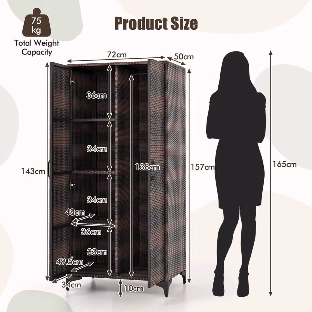 Kelvenix Brown PE Rattan Wicker Wardrobe with Hinged Doors and Hanging Rod – 2