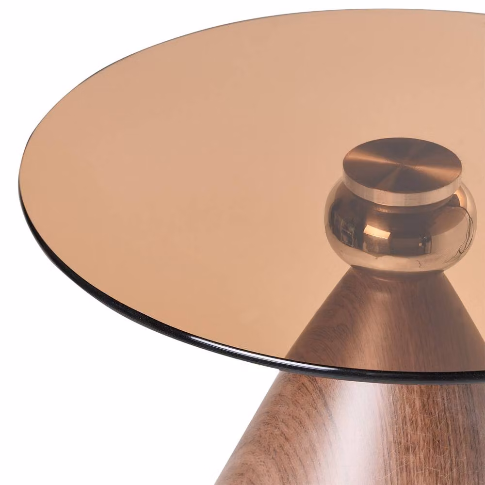 Wyld and Coco Glamour Small Side Table with Transparent Glass Top and Brown Metal Cone Base – 3