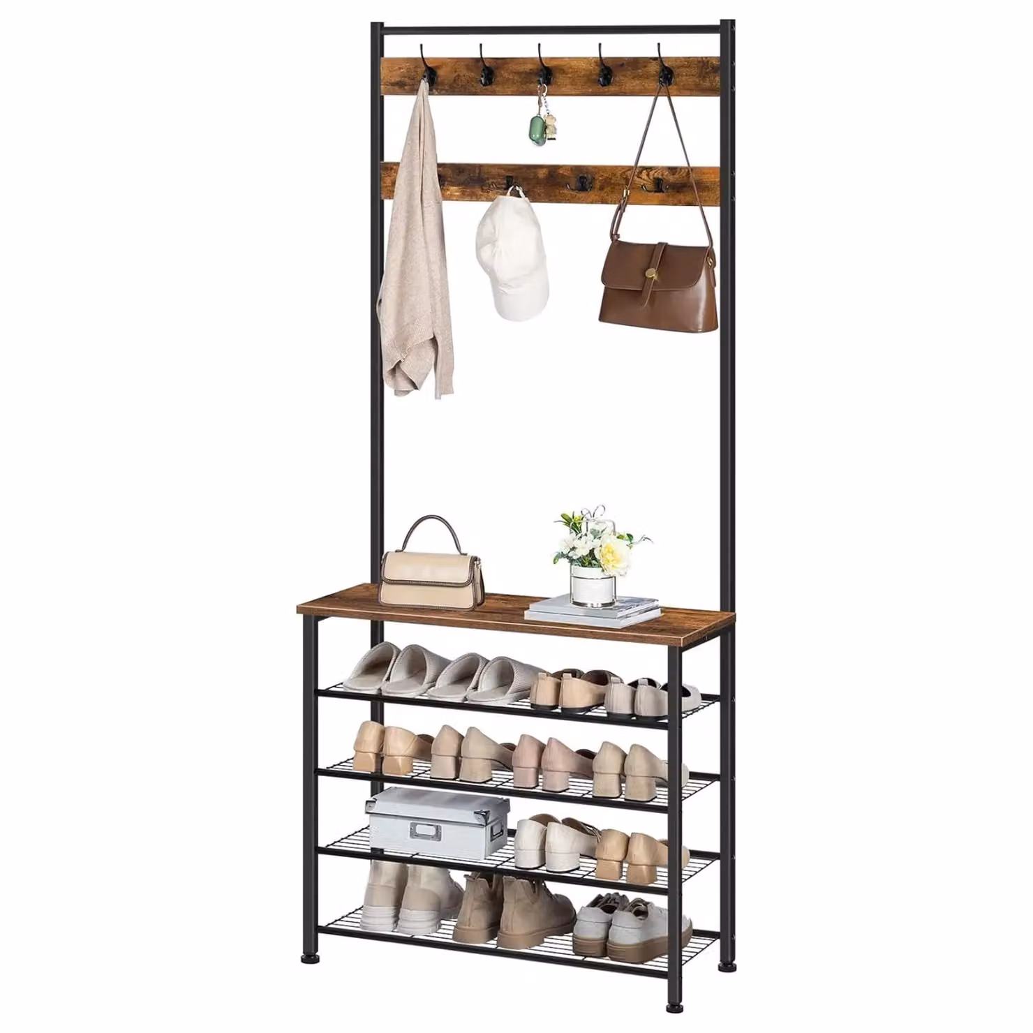 Storvo Industrial Hall Tree with 5 Tier Shoe Bench in Brown, H 190 x W 80 x D 32 cm – 4