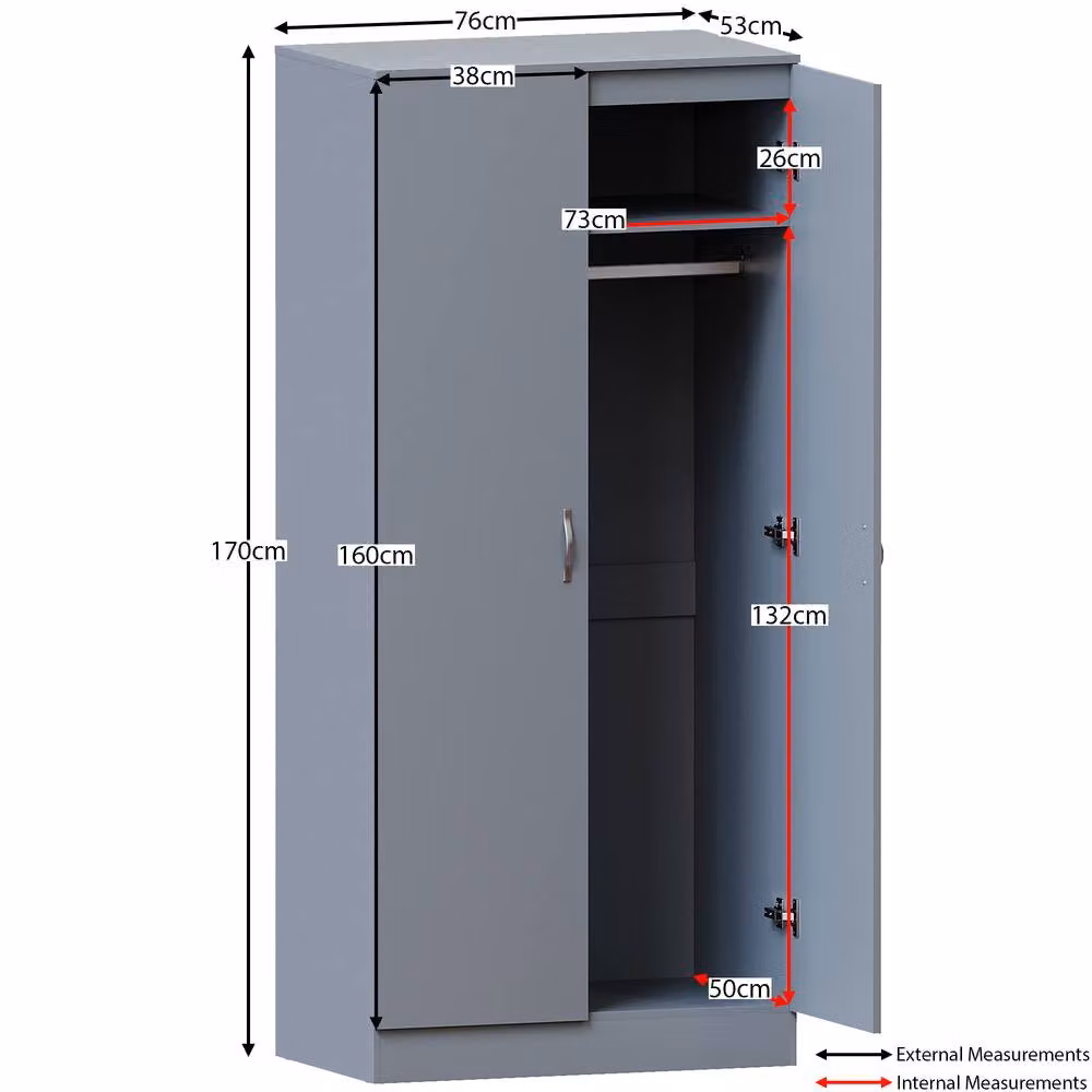 HD Designs Modern 2 Door Grey MDF Wardrobe H 170 cm x W 76 cm x D 47 cm – 3