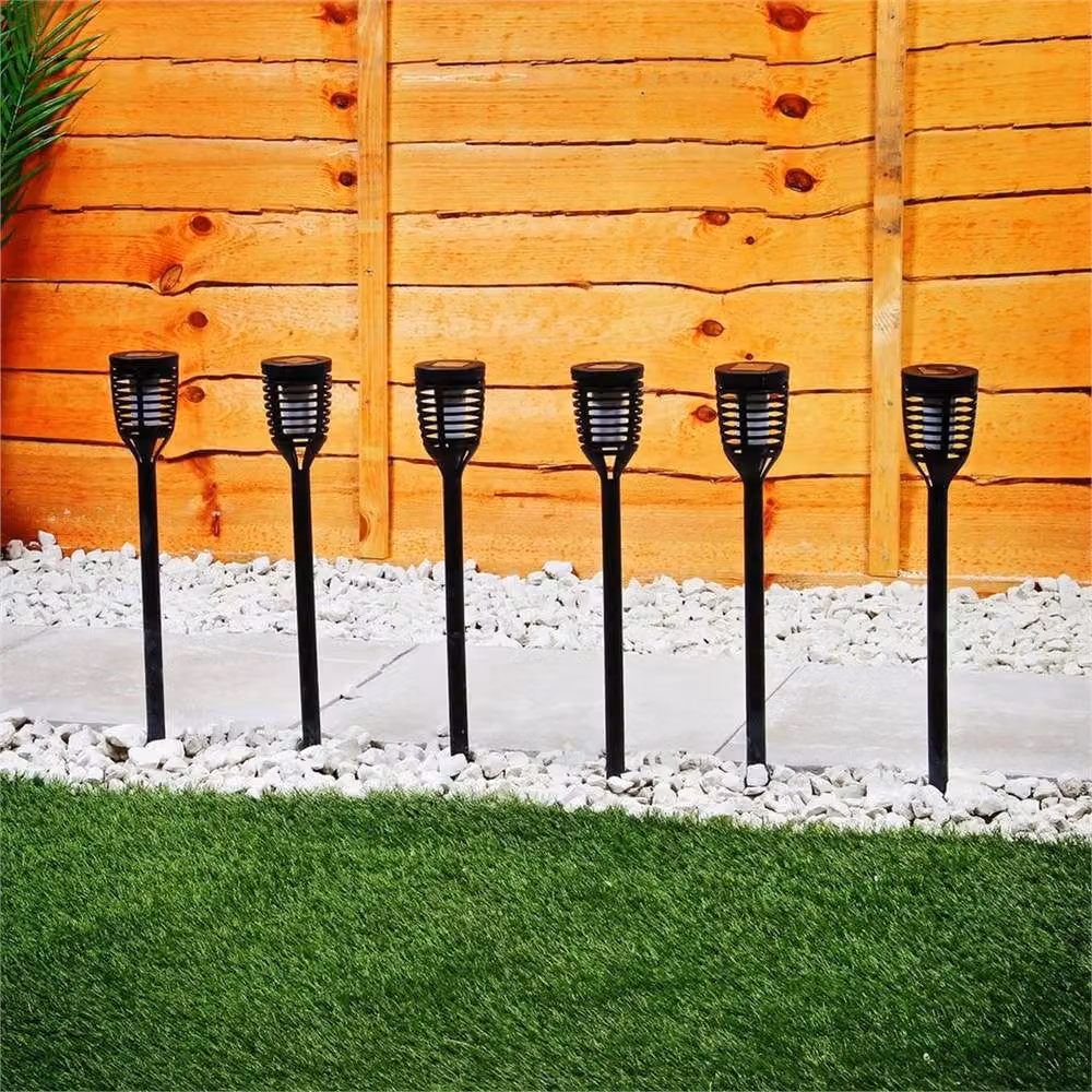 VOGREX 6 Pack Solar LED Flickering Flame Torch Stake Lights in Black – 3