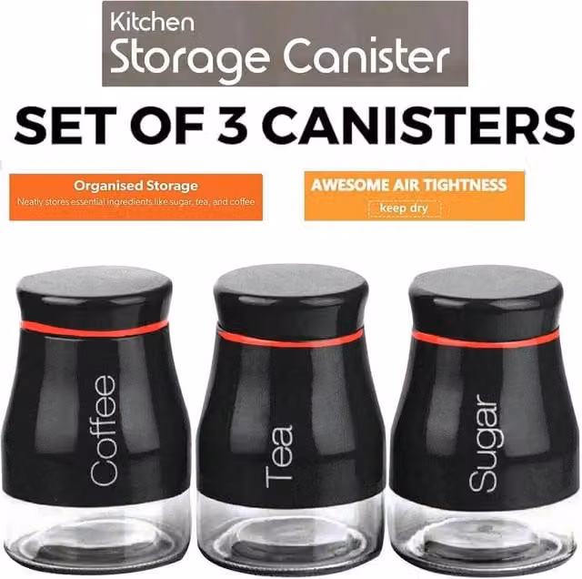 Pawnora Set of 3 Black Glass Kitchen Storage Canisters with Screw Lids – 1