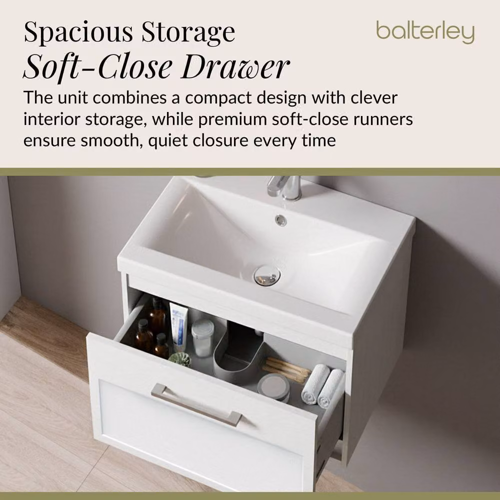 Balterley Wall Hung Single Drawer Vanity Unit with Rectangular Basin in White, W/D/H: 63 x 47.1 x 51.5 cm – 2