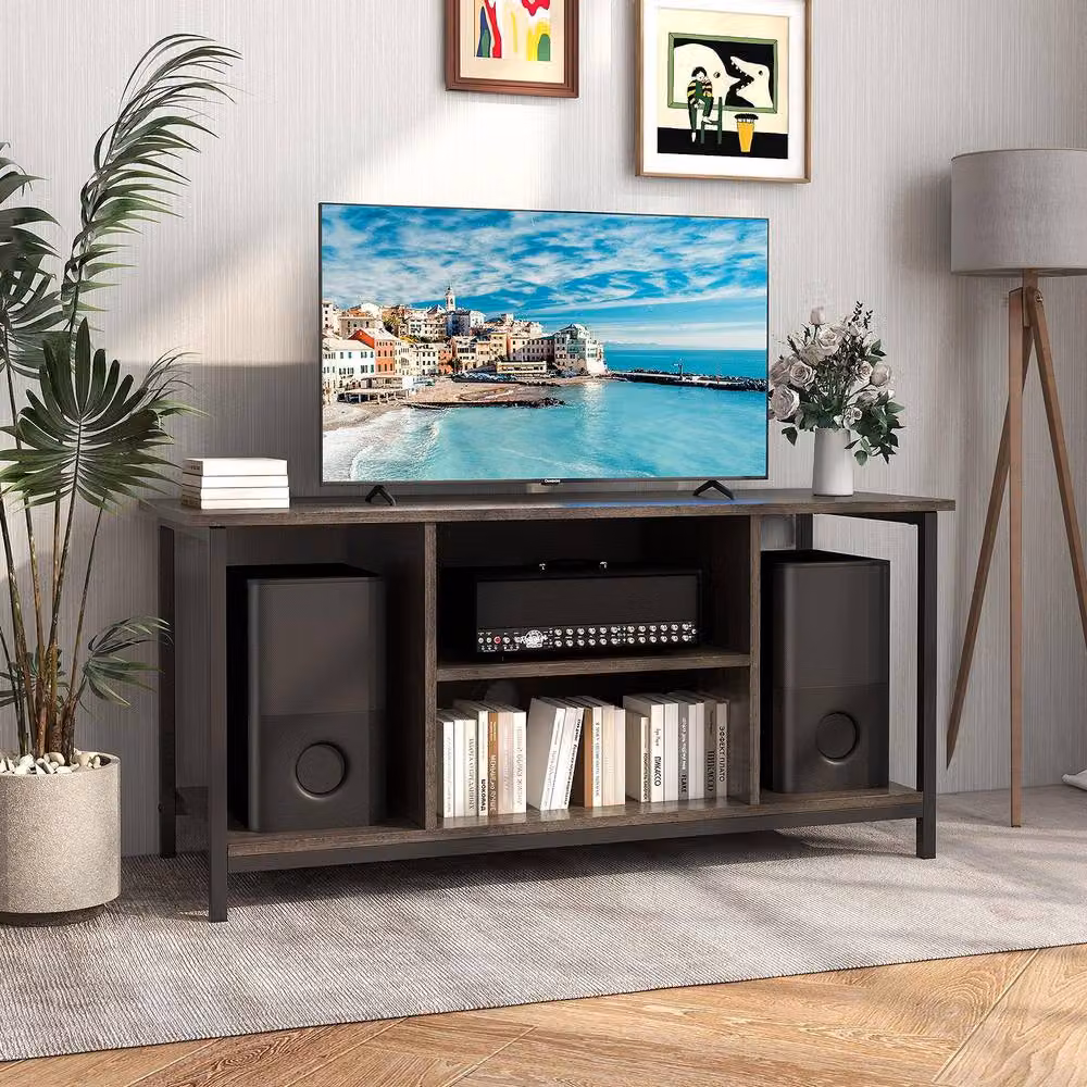 Gymax Modern 3-Tier Grey TV Stand with Power Outlet and Type-C Port – 4