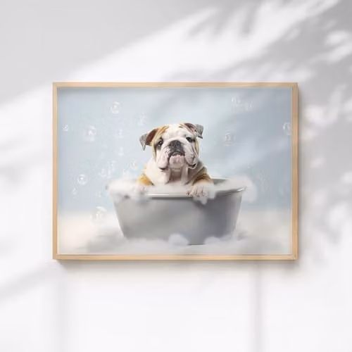 60 Second Makeover Bulldog In The Bath Quirky Animal Print Paper Poster, A4, Multicolour