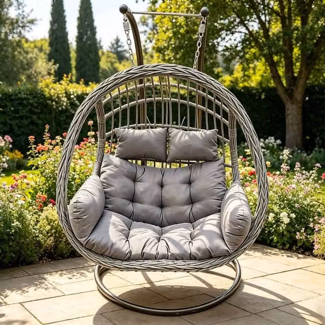 Fimous Rattan Two Seater Hanging Egg Chair with Cushion in Dark Grey – 1
