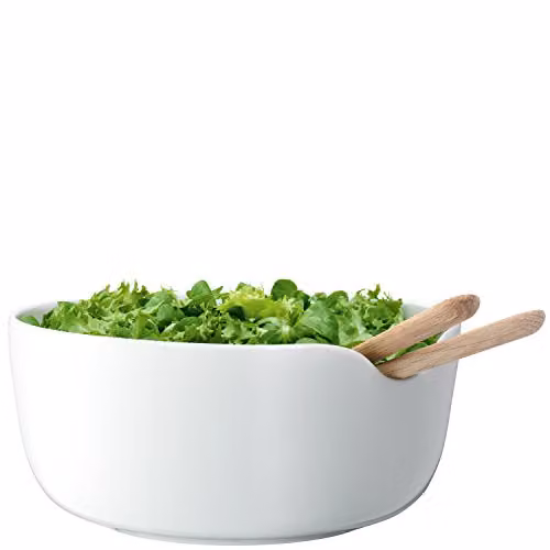 LSA International Dine Porcelain Salad Bowl and Oak Servers, White, Diameter: 24 cm
