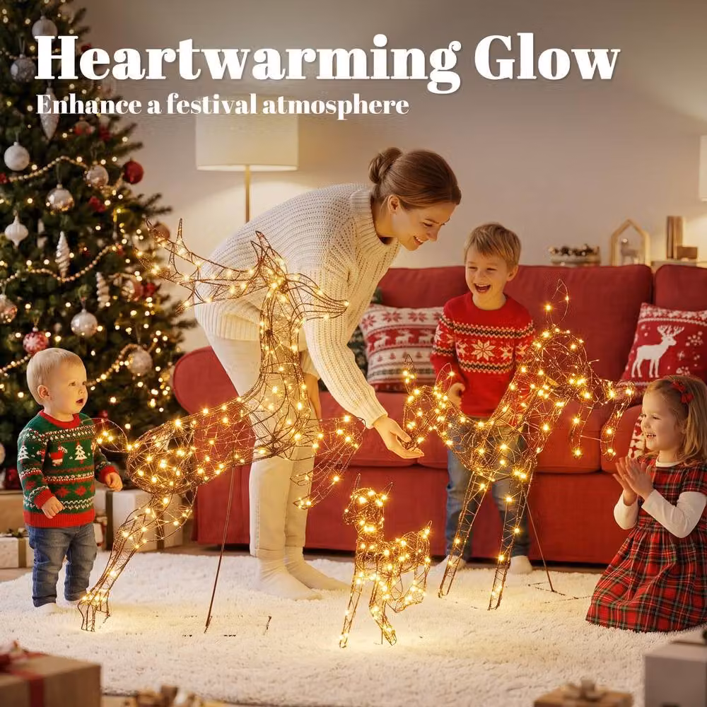 OUTSUNNY 3-Piece Light Up Deer Family Set with 200 Warm White LED Lights, Brown – 3