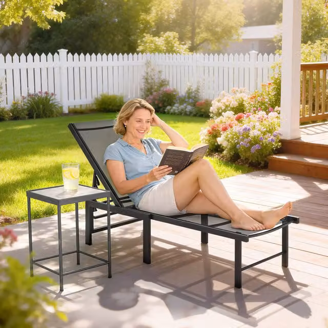 Outsunny 5-Level Reclining Garden Sun Lounger in Black with Textilene Fabric and Powder Coated Steel Frame