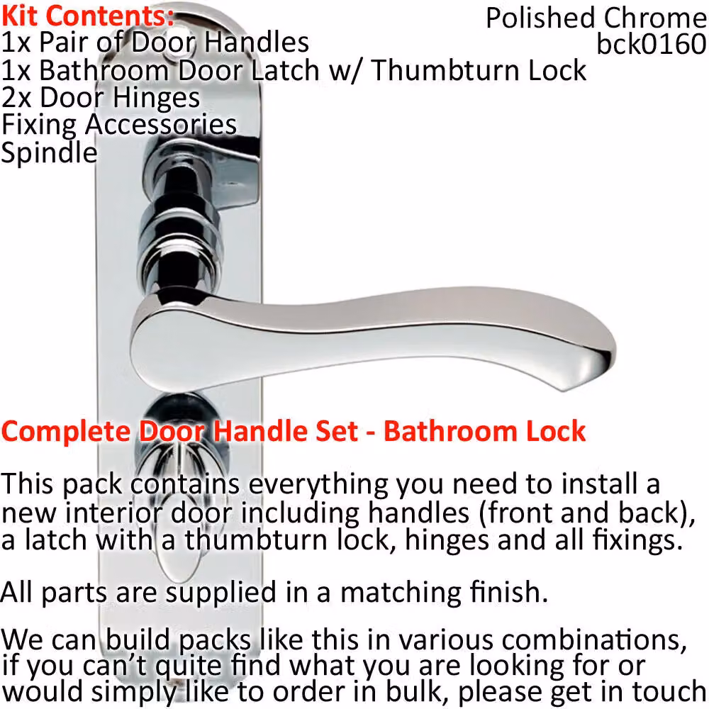 Loops Chrome Door Handle and Bathroom Lock Pack with Scroll Thumb Turn and Slim Backplate – 2