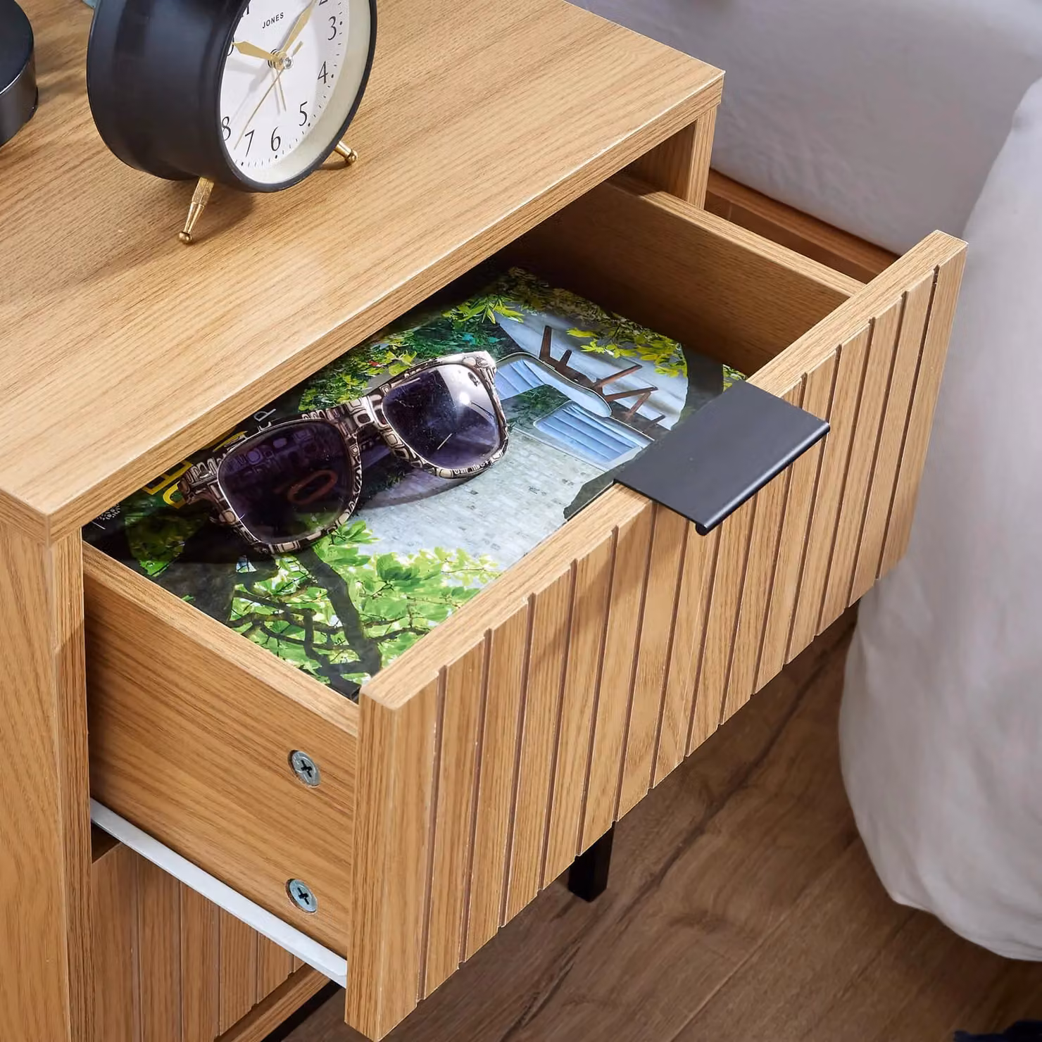 Home Source Contemporary Wooded Bedside Cabinet with 2 Drawers in Sand, Black, Beige and Brown – 3