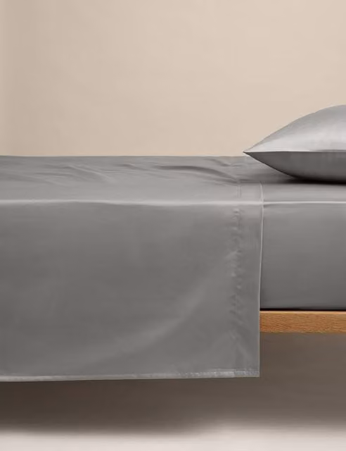 M&S Egyptian Cotton 400 Thread Count Mako Satin Silky Flat Sheet, Grey, W: 180 cm, L: 200 cm