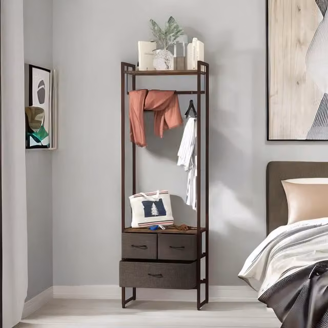 FURNOS Industrial Hall Tree Coat Rack with 3 Fabric Drawers in Brown, H 178 x W 58.5 x D 30 cm – 1