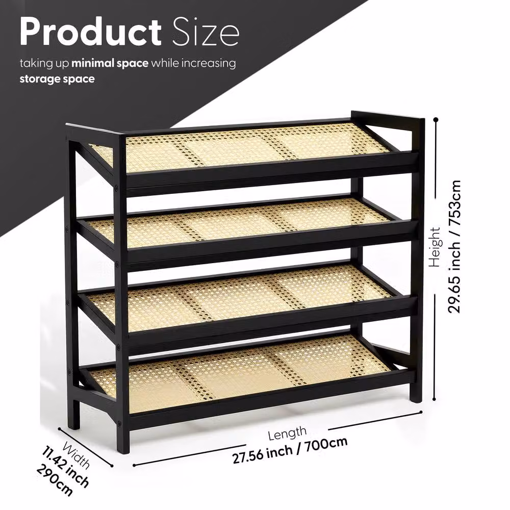 Keplin 4 Tier Bamboo and Rattan Shoe Organiser Rack in Black and Natural – 2
