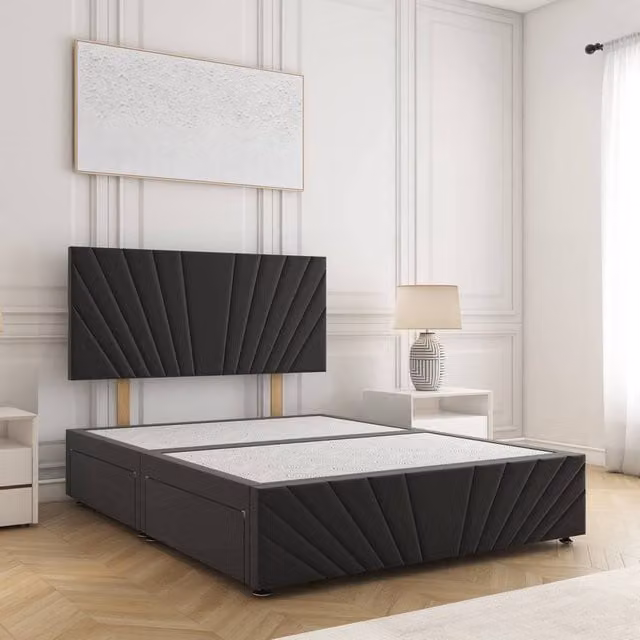 BSSPOKE Rose Double Divan Bed with 24 inch Plush Headboard and 2 Drawers, Black Velvet Fabric, W/D/H: 140 x 200 cm