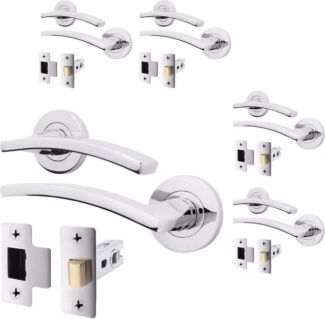 AFIT Polished Chrome Aluminium Door Handle and Latch Set, 5 Pack, Silver