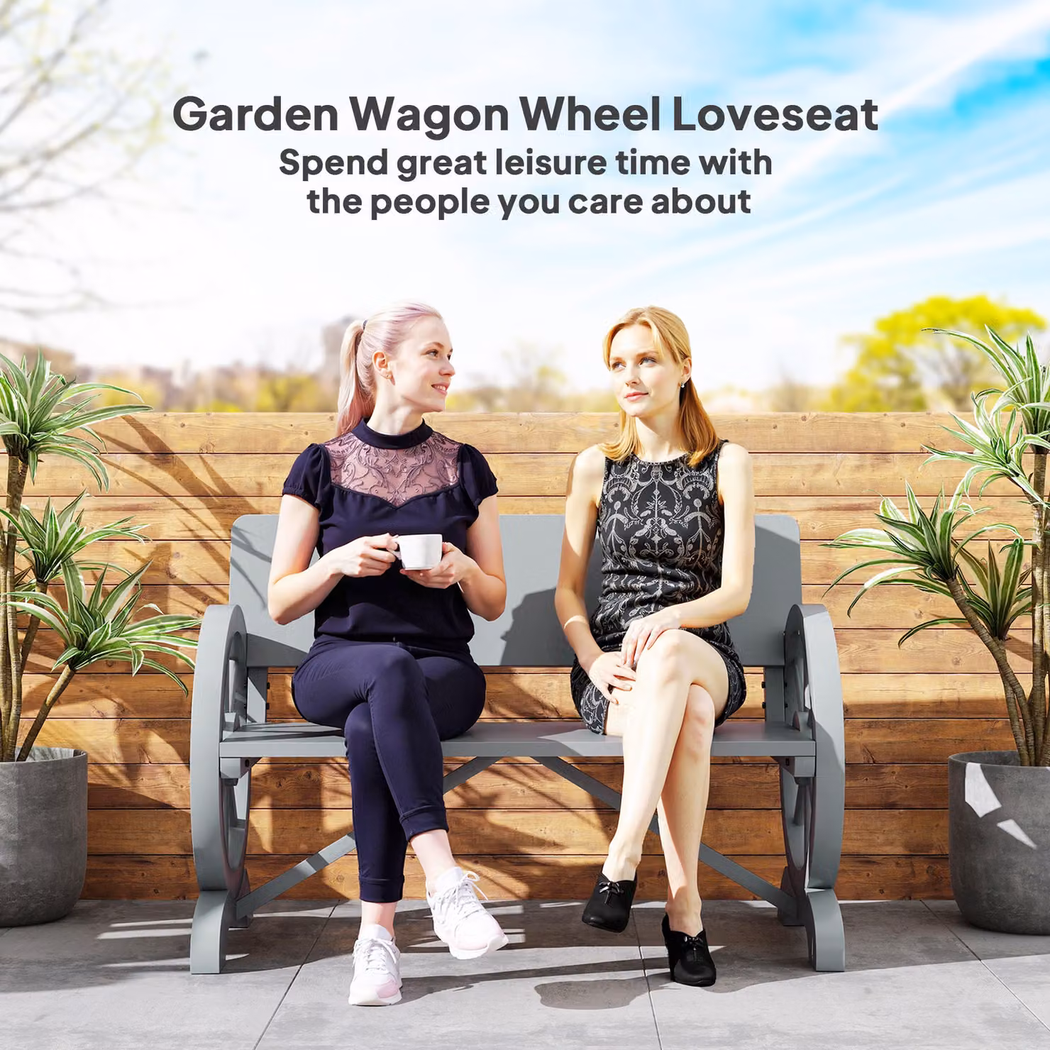 Outsunny Grey Fir Wood 2-Seater Outdoor Garden Wagon Wheel Bench with Armrests – 7