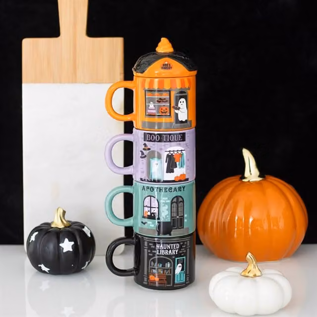 KDMK Set of 4 Halloween Spooky Stackable Ceramic Mugs, 300ml, Multicolour