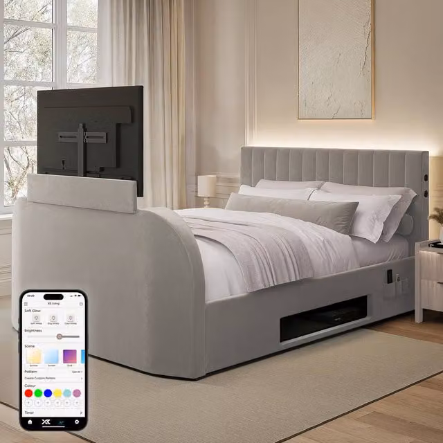 X Rocker Maisie 5.1 Ottoman TV Lift Bed in Grey Velvet Fabric, Double Size (W: 140 cm, L: 200 cm) – 1
