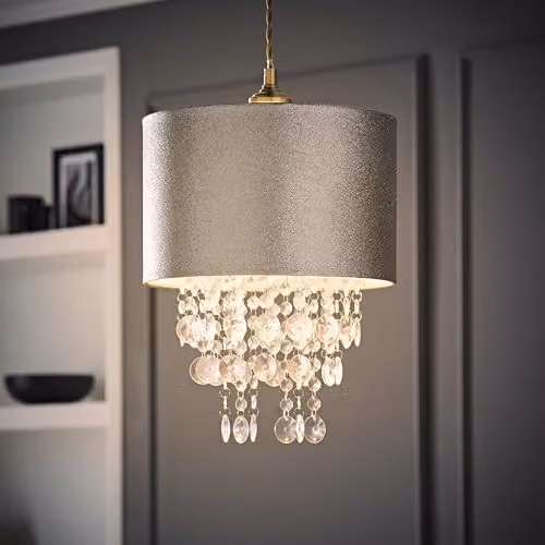 MiniSun Modern Silver Glitter Ceiling Light Shade with Transparent Acrylic Droplets and 10W Warm White LED Bulb, Shade Width: 28 cm – 2