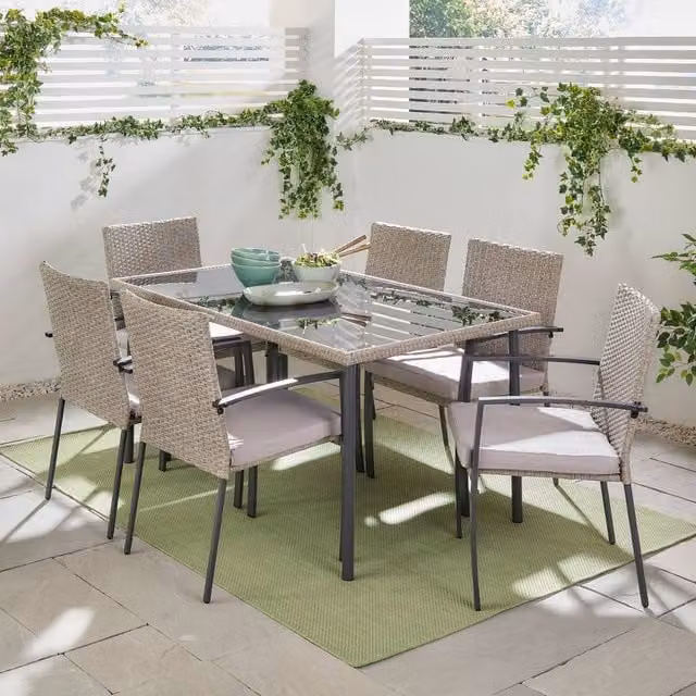 VonHaus 6 Seater Rattan Effect Garden Dining Set with Glass Top Table and Chairs in Grey and Black