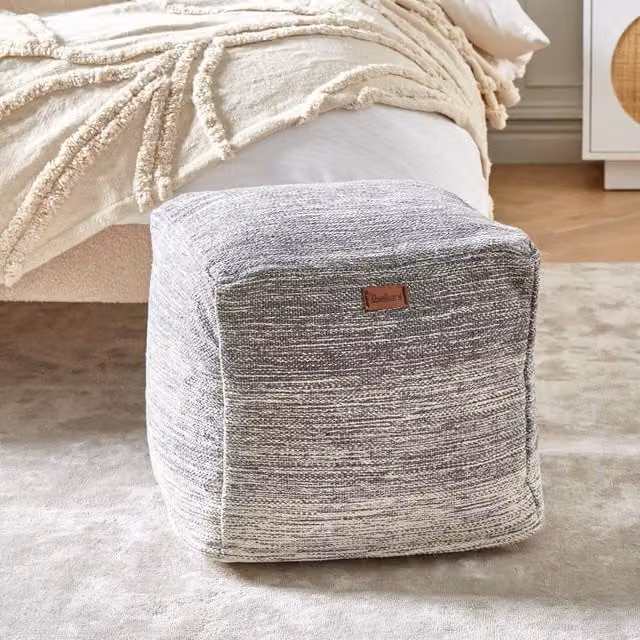 Wyld and Coco Grey and White Striped Cotton Cube Pouffe – 1