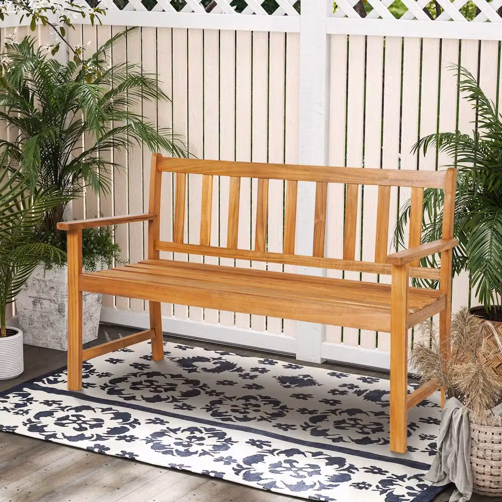 Costway 2-Person Outdoor Acacia Wood Garden Bench with Armrests in Natural Brown – 6